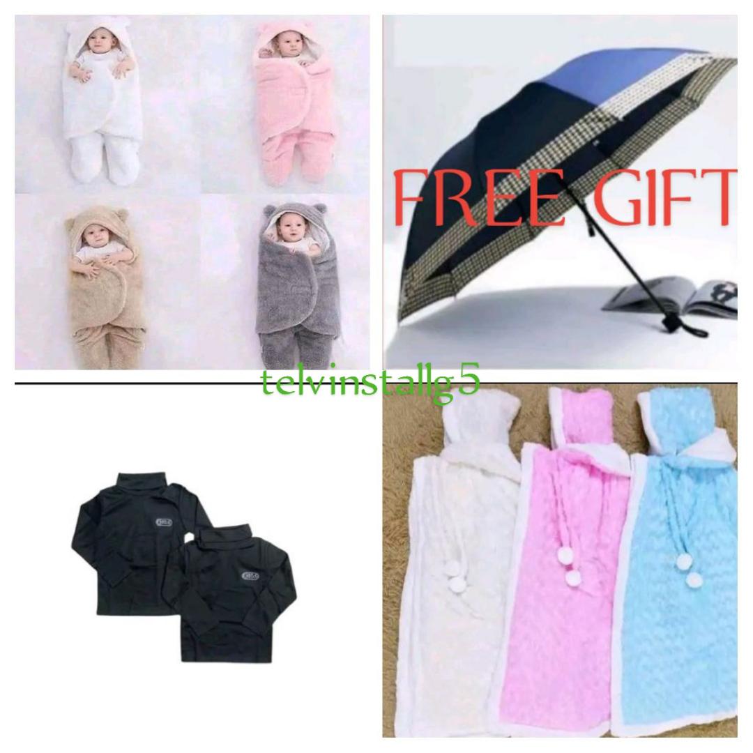 BABY Receiving set: Free gift Umbrella+1 Hooded shawl + 1 Baby Swaddle +2 Kids fullneck small size+