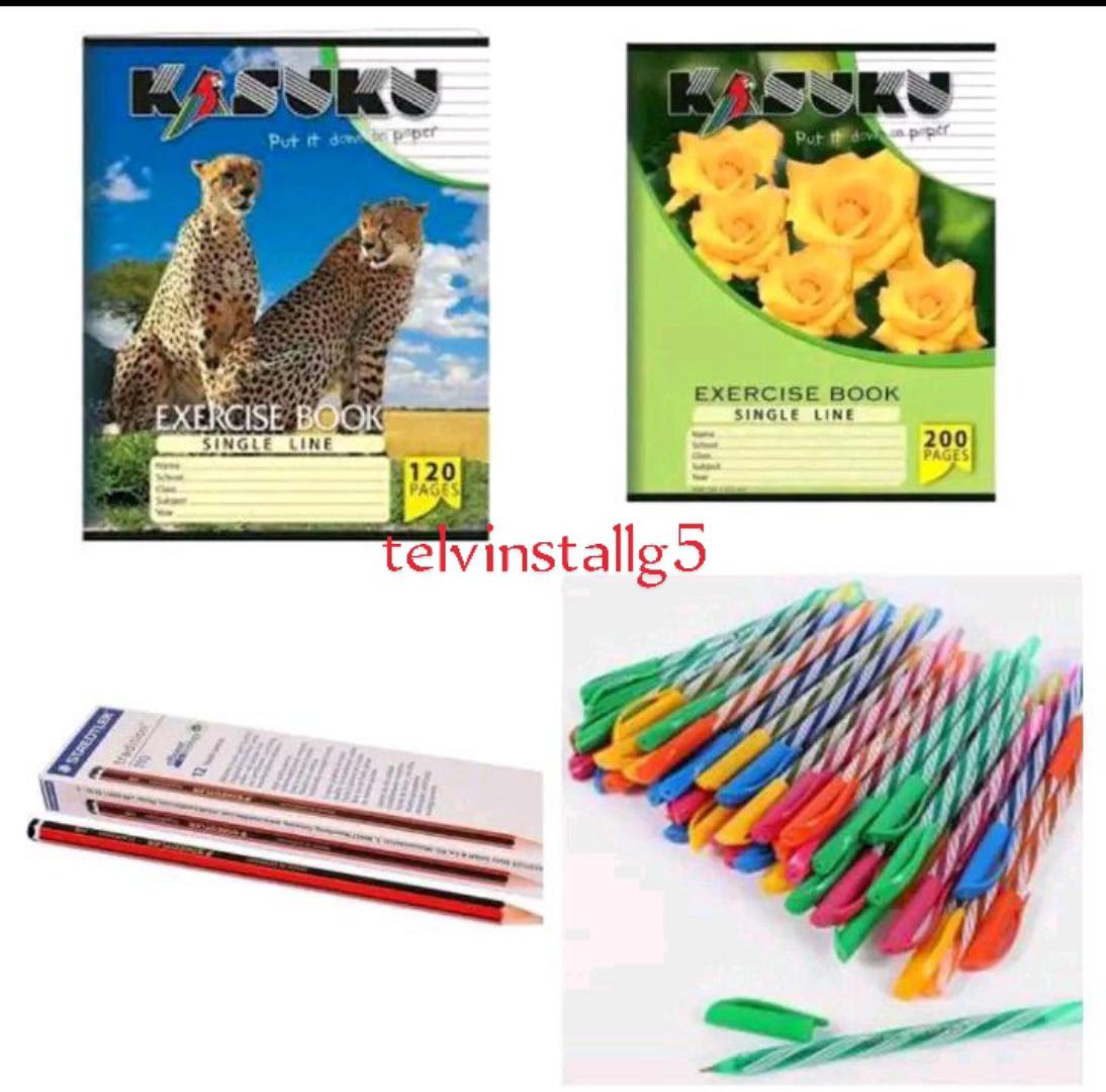 12 kasuku A5 exercise books 200 pages( 11 single line+1 square line)+12 A5 kasuku exercise books 120 pages(11 single line+ 1 square line)+40 Obama ball pens( 30 blue,5 red,5 black) + 20 HB pencils