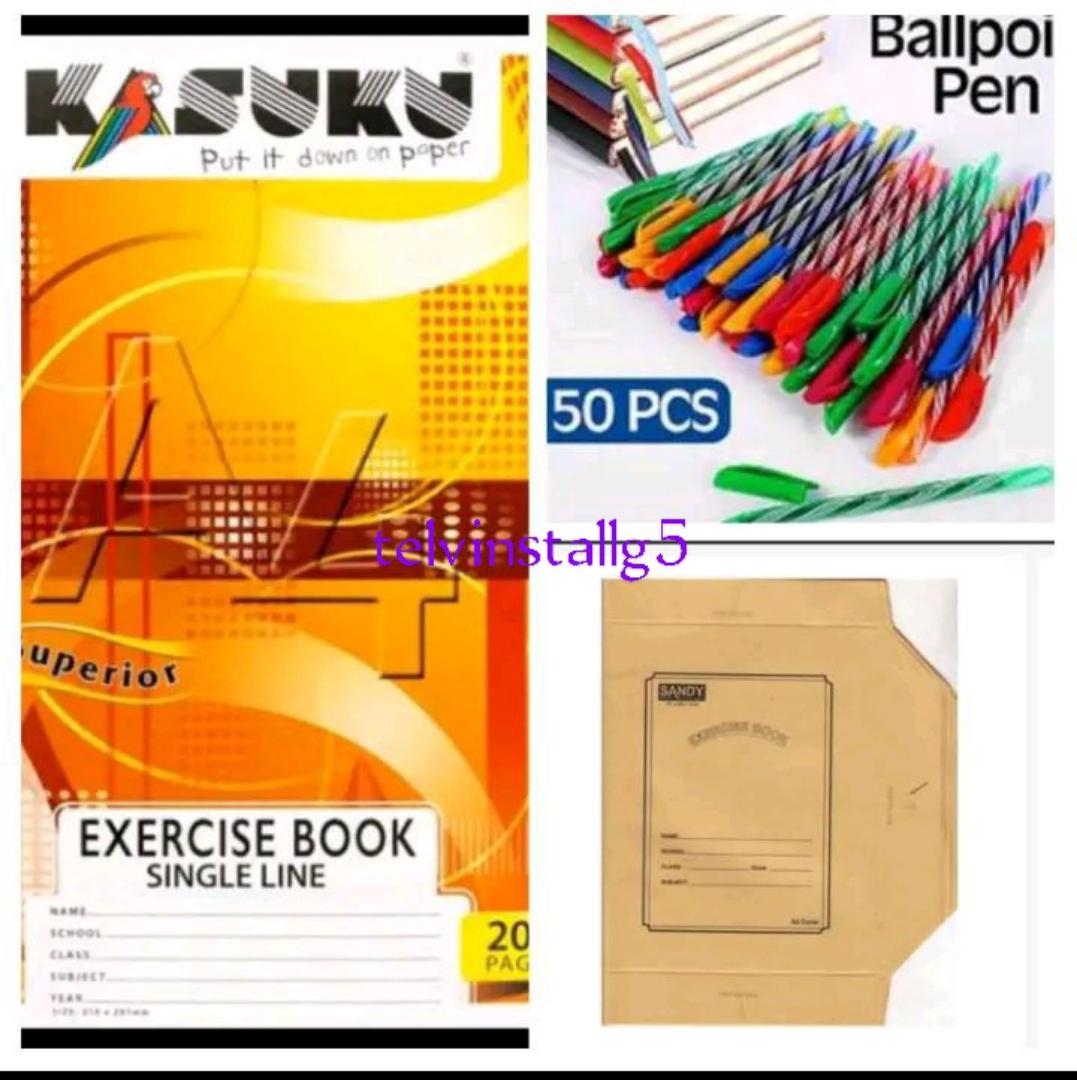 A4 kasuku exercise books 200 pages(11 single line, 1 square line) + A4 Book covers  2 pack(10 covers in total)+ 50 ball pens (40 blue pens + 5 red pens + 5 black pens
