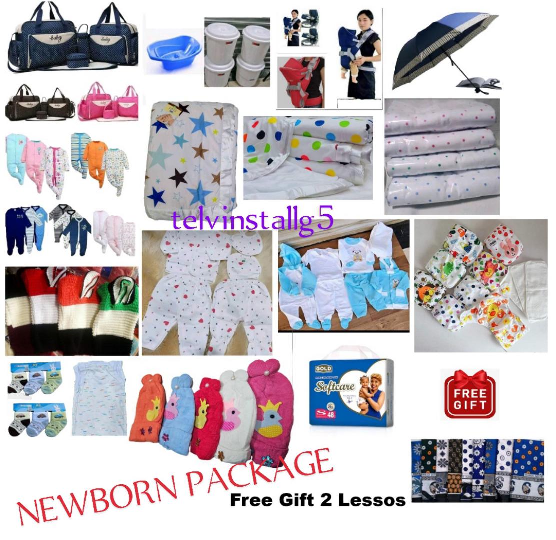 50 PIECES RECEIVING SET (GIFT 2 LESSO+Diaper bag+3 light rompers+2 knitted sweater+bathing basin+ bucket+hooded carrier+ umbrella+2 baby blankets + muffins+ wrapper+2 baby suits+diapers + socks+ vests