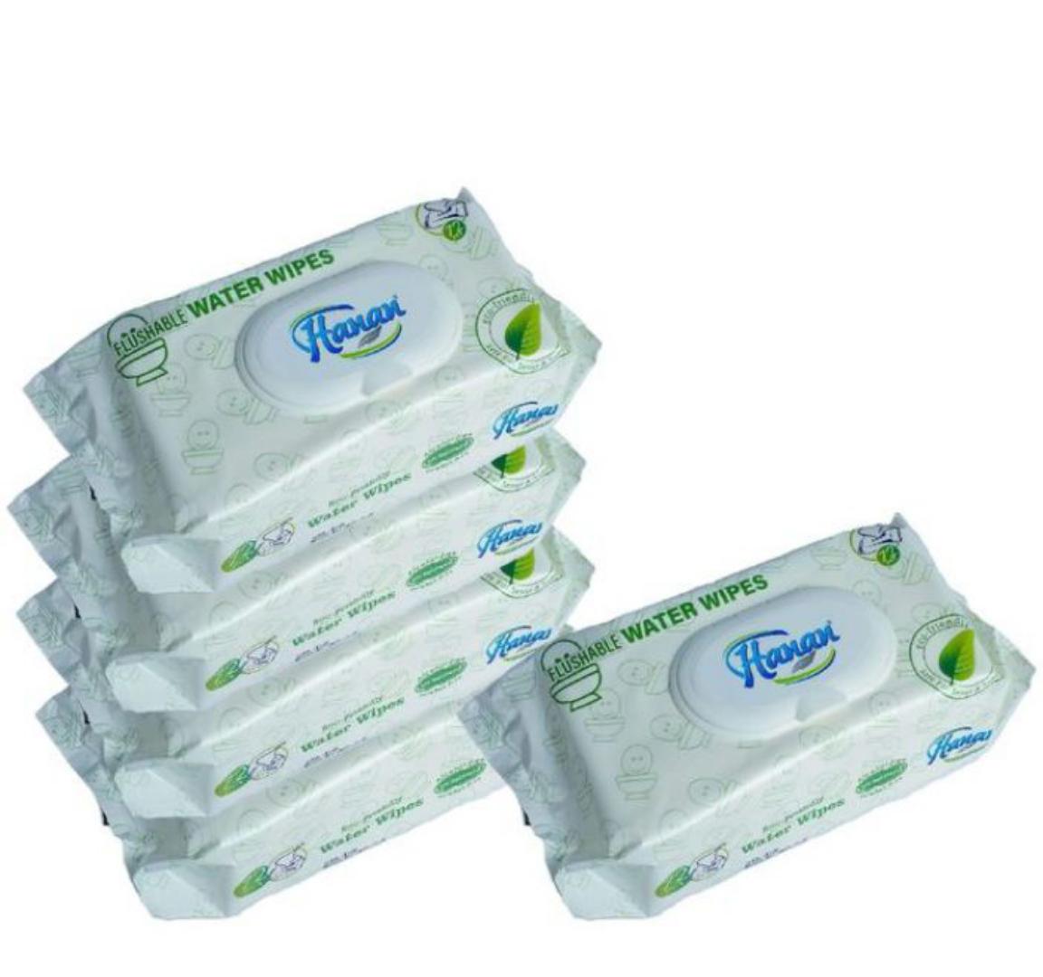 Hanan Flushable water wipes- 72 sheets each,, and Hanan baby water wipes 72's,,Gentle and soft ,skin soothing ,suitable for all skin types and ages