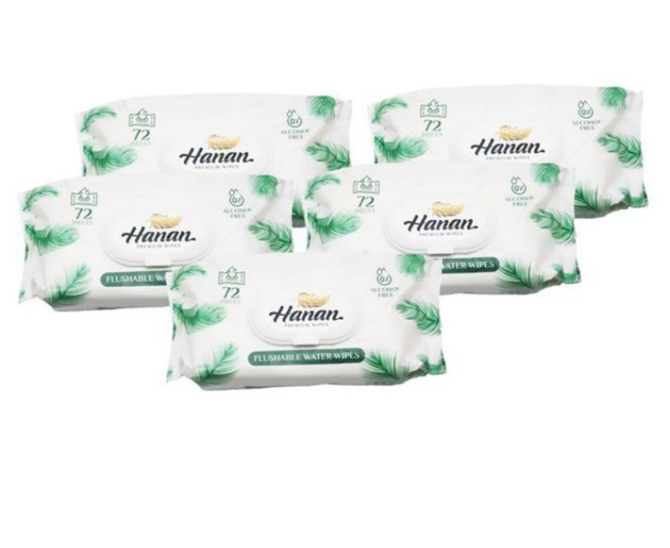 Hanan Flushable water wipes- 72 sheets each,, and Hanan baby water wipes 72's,,Gentle and soft ,skin soothing ,suitable for all skin types and ages