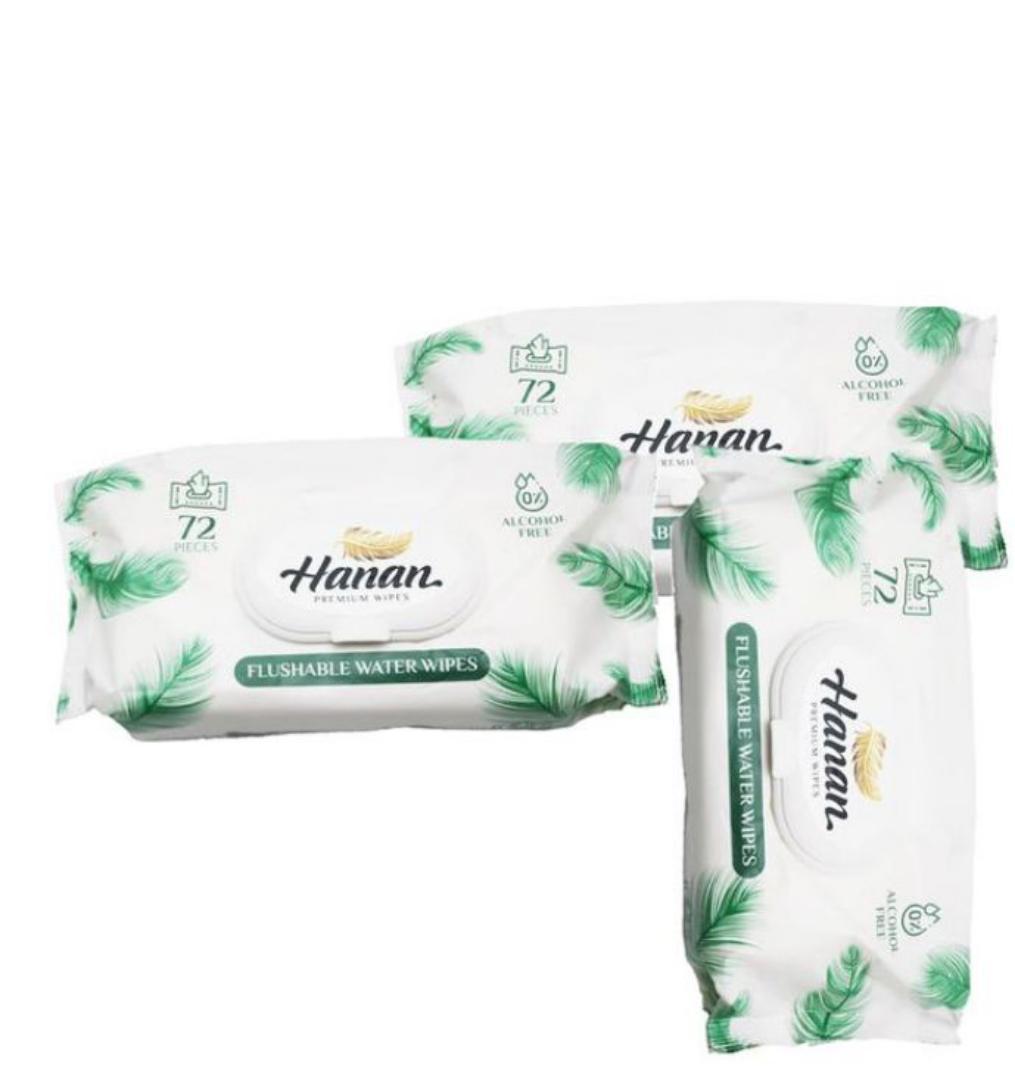 Hanan Flushable water wipes- 72 sheets each,, and Hanan baby water wipes 72's,,Gentle and soft ,skin soothing ,suitable for all skin types and ages