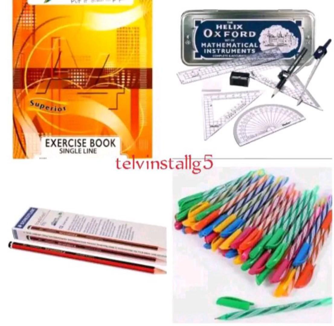 125 A4 kasuku exercise books 200 pages ( 100 single line+ 25 square line)+80 Bic pens(60 blue,10 black,10 red) +30 HB pencils)