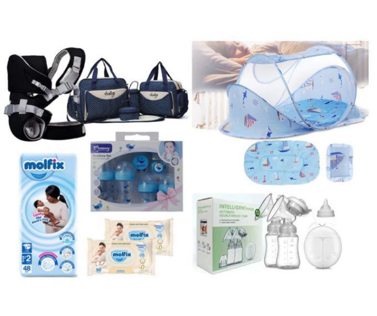 OFFER OFFER:: BABY GIRLS/ BABY BOYS PACK::5 in 1 diapers bag,Baby sleeping Mosquito nest, Molfix small size diapers 48 PCs,feeding set,Double electric breast pump, molfix newborn isotonic wipes.