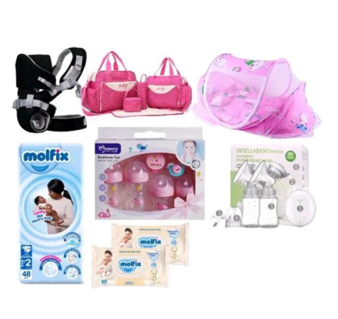 OFFER OFFER:: BABY GIRLS/ BABY BOYS PACK::5 in 1 diapers bag,Baby sleeping Mosquito nest, Molfix small size diapers 48 PCs,feeding set,Double electric breast pump, molfix newborn isotonic wipes.