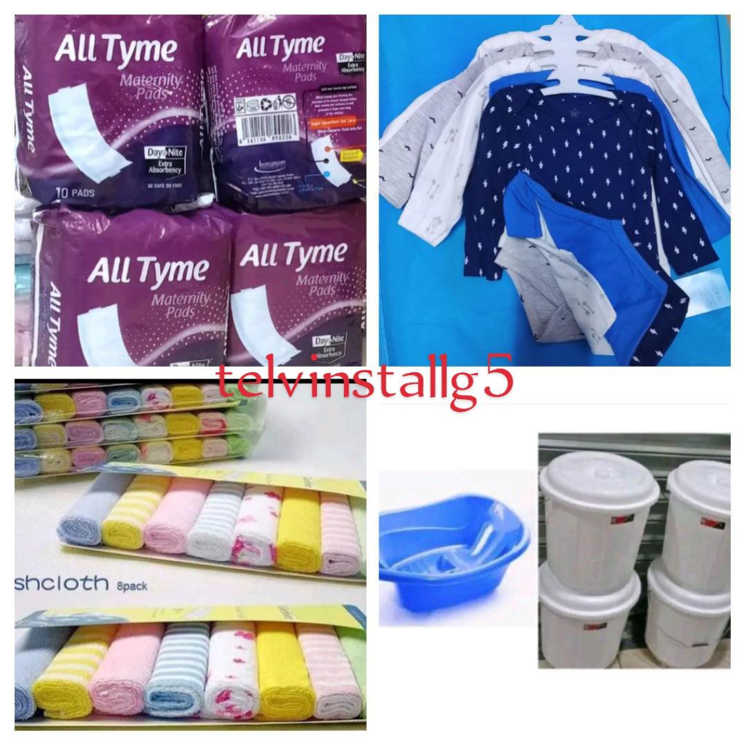 CARE PACK:::All time safe and free maternity pads(10 pieces), Soft baby wash clothes,5 Cotton unisex baby bodysuits ,plastic bucket 20 L,plastic baby bathing basin
