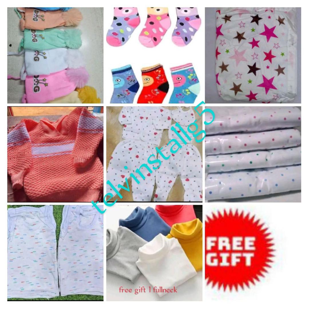 NEWBORN RECEIVING PACKAGE::: FREE GIFT COTTON FULLNECK+Star baby blanket+ warm dotted baby wrapper+5 pieces baby suit+3 newborn vests +knitted sweater+3 newborn socks+2 different colours baby muffins
