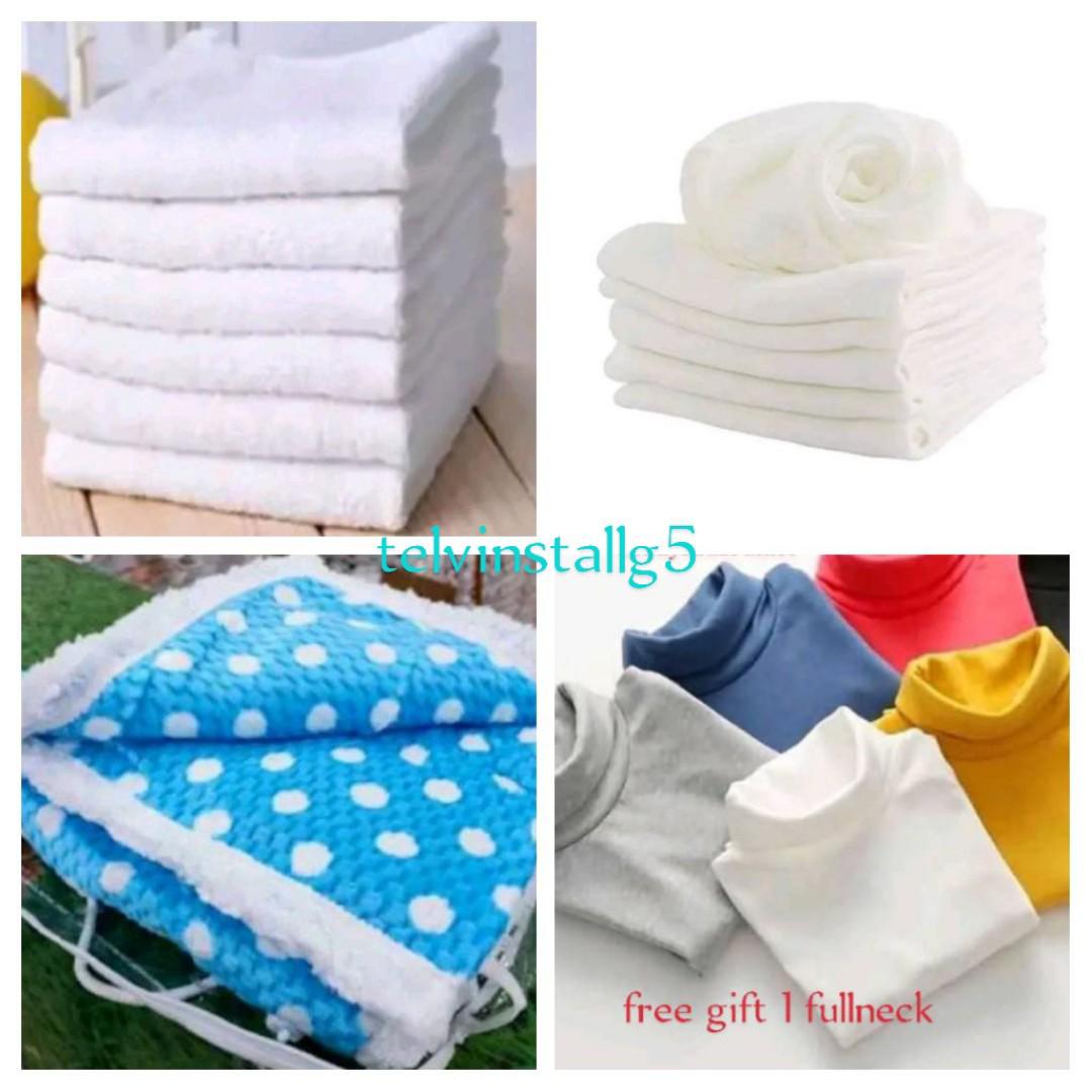 FREE GIFT COTTON FULLNECK+ latest fashion Dotted Warm baby blanket+ 6 heavy quality Nappies+6 nappy liners white big sizet