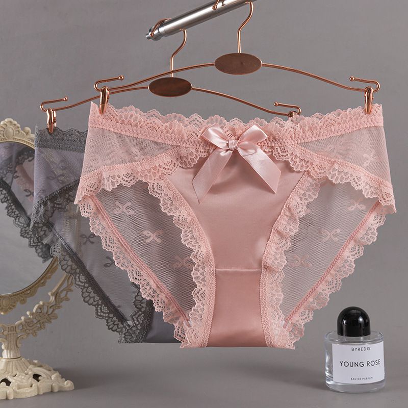 3Pcs/Set Women's Sexy Panties Pure Desire Girl Panties Bow Satin Breathable Mesh Lace Sexy Cotton Inner Gear Soft Comfortable Triangle Pants, Seamless Breathable, Hip Lifting