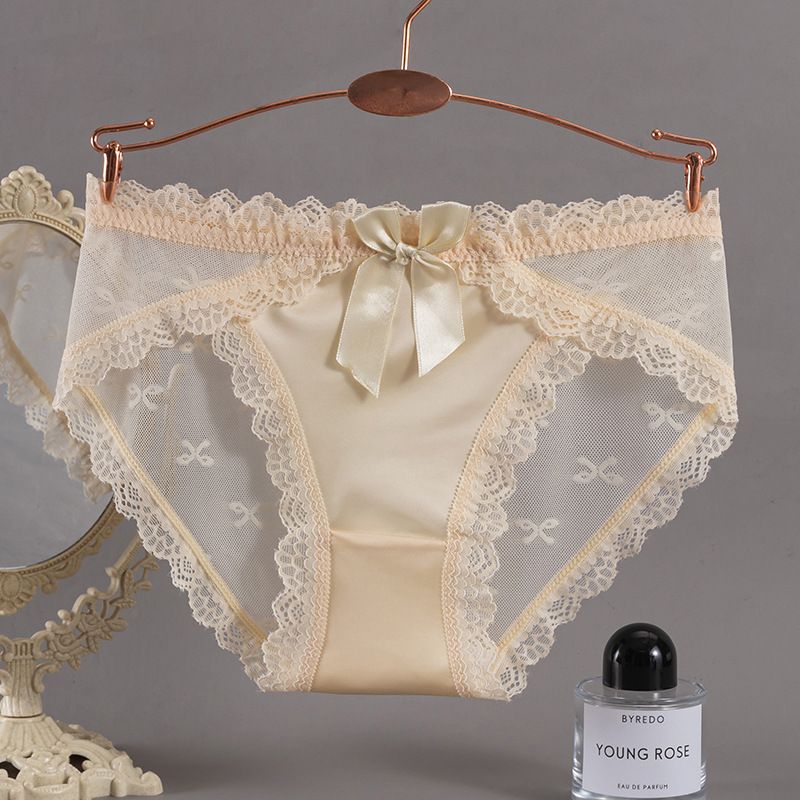 3Pcs/Set Women's Sexy Panties Pure Desire Girl Panties Bow Satin Breathable Mesh Lace Sexy Cotton Inner Gear Soft Comfortable Triangle Pants, Seamless Breathable, Hip Lifting