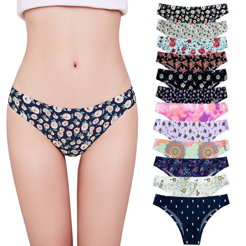 New listing 4 sets of women's printed triangle panties low waisted breathable comfortable hip lifting ladies thong seamless printed elastic panties seductive hot cotton file sexy girls bikini