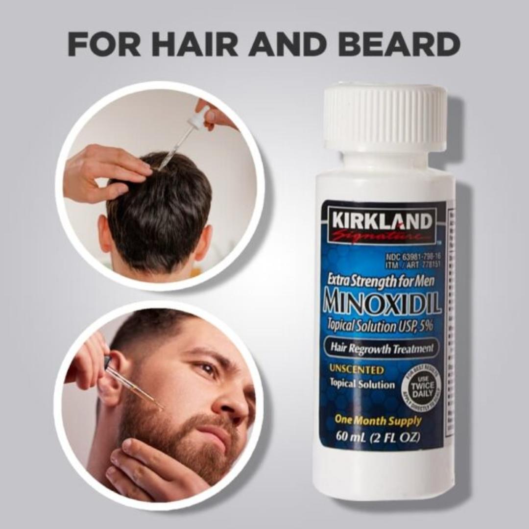 Kirkland Minoxidil 5% Extra Strength Hair Regrowth 1 MonthMinoxidil Topical Solution USP 5% for men, is a topical treatment used to help regrow hair on the top of the scalp.  This unscented product re