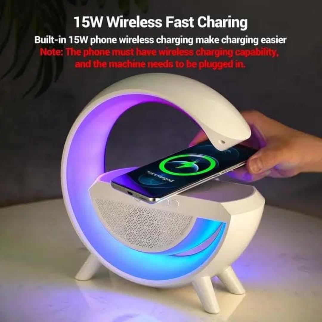 Smart LED Table Lamp, 4-in-1 Wireless Charger, Night Light, Alarm Clock, and Bluetooth Speaker with App Control for Bedroom, Office, and Home Decor (White)....Portable, pretty nice to observe. Long s