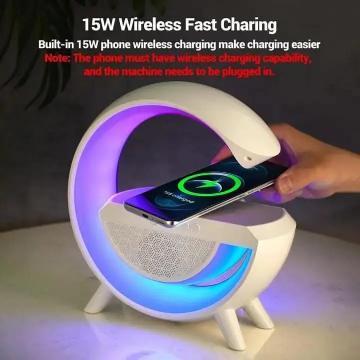 Smart LED Table Lamp, 4-in-1 Wireless Charger, Night Light, Alarm Clock, and Bluetooth Speaker with App Control for Bedroom, Office, and Home Decor (White)....Portable, pretty nice to observe. Long s