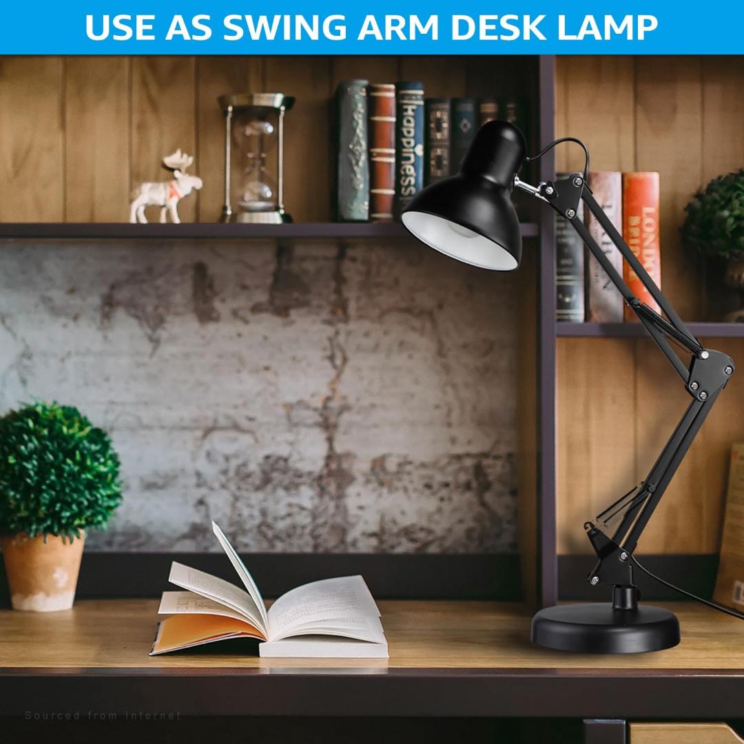Metal Desk Lamp with Clamp, Swing Arm , Architect Adjustable Gooseneck Table Lamp, Clip Desk Lights for Home Office, Work, Study, Reading, E26 Base, Multi-Joint, Black