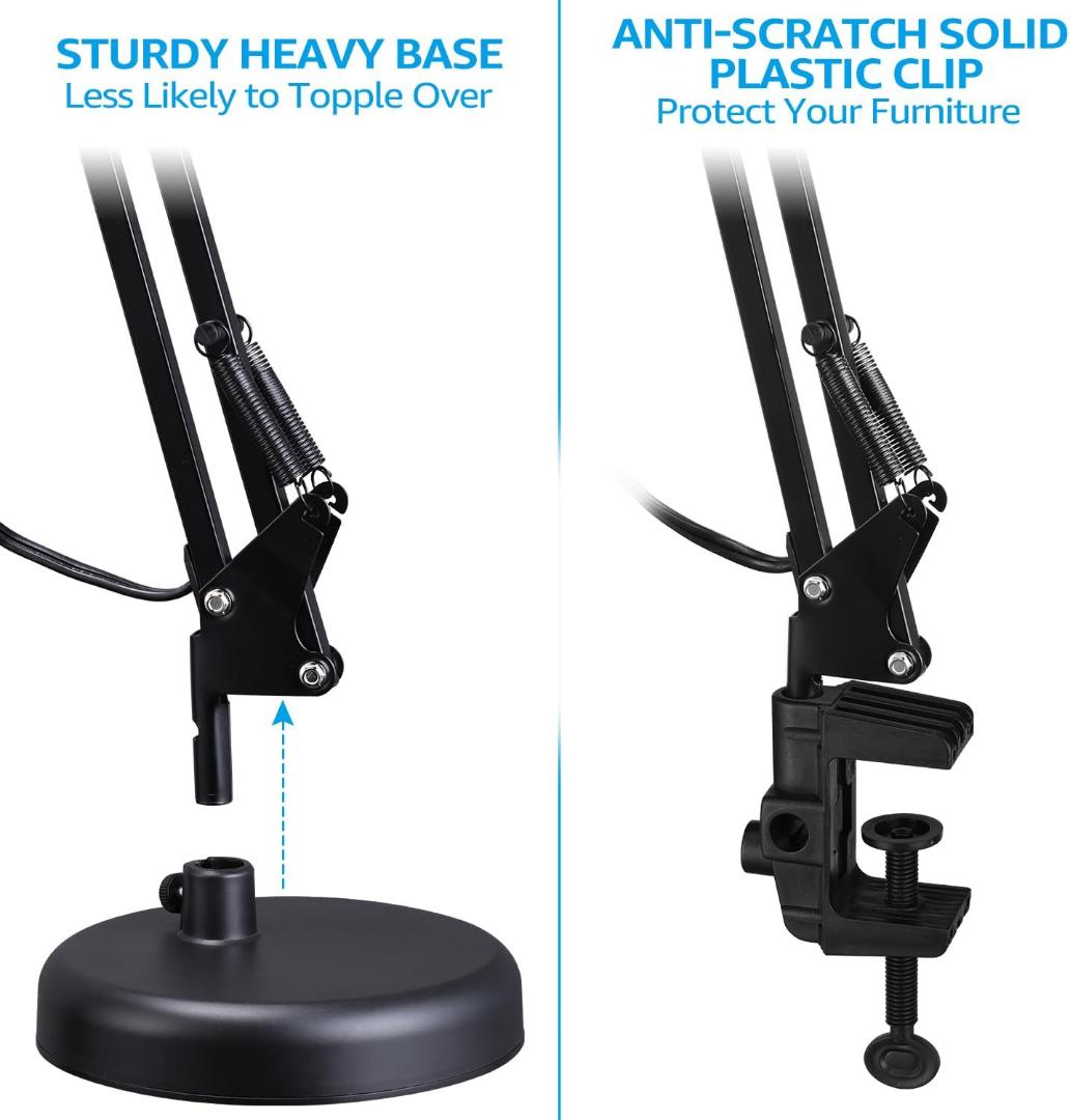 Metal Desk Lamp with Clamp, Swing Arm , Architect Adjustable Gooseneck Table Lamp, Clip Desk Lights for Home Office, Work, Study, Reading, E26 Base, Multi-Joint, Black