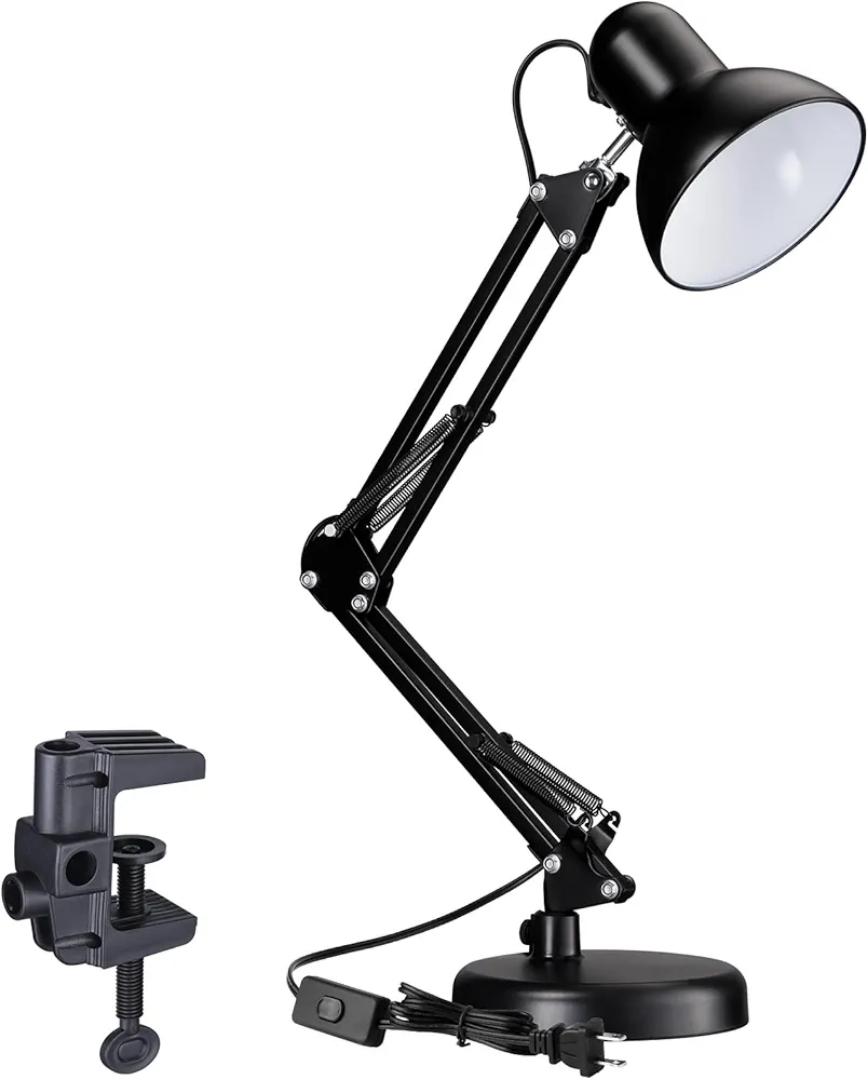 Metal Desk Lamp with Clamp, Swing Arm , Architect Adjustable Gooseneck Table Lamp, Clip Desk Lights for Home Office, Work, Study, Reading, E26 Base, Multi-Joint, Black