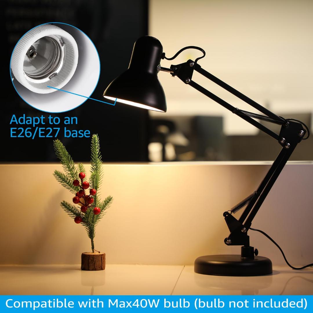 Metal Desk Lamp with Clamp, Swing Arm , Architect Adjustable Gooseneck Table Lamp, Clip Desk Lights for Home Office, Work, Study, Reading, E26 Base, Multi-Joint, Black