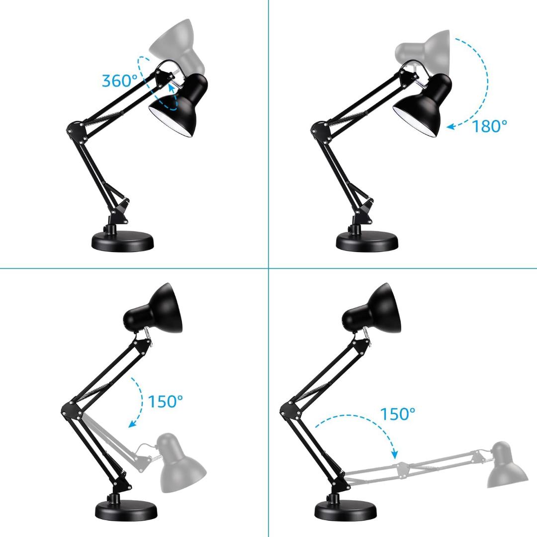 Metal Desk Lamp with Clamp, Swing Arm , Architect Adjustable Gooseneck Table Lamp, Clip Desk Lights for Home Office, Work, Study, Reading, E26 Base, Multi-Joint, Black