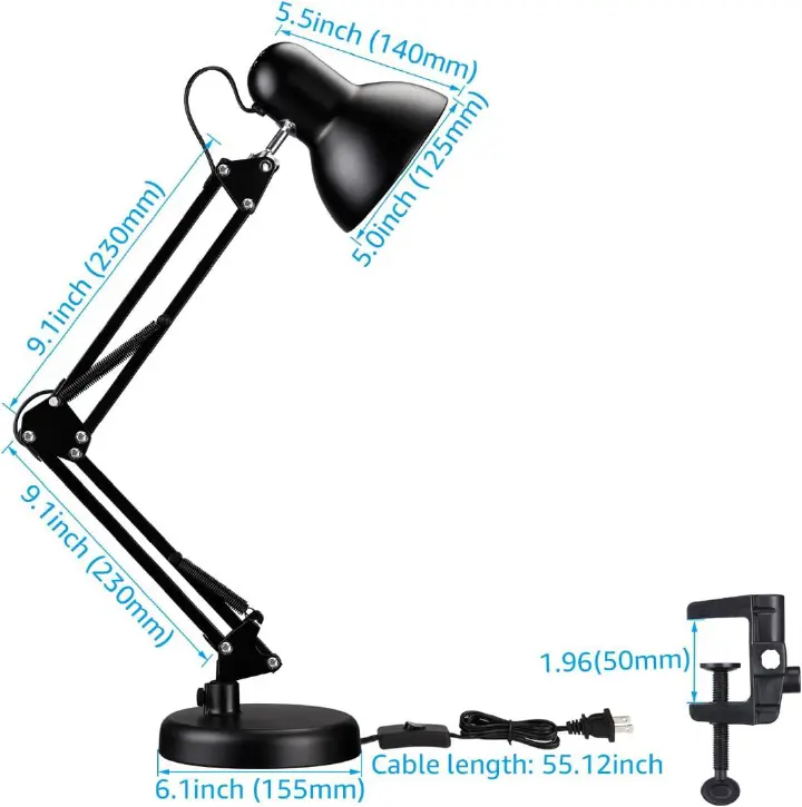 Metal Desk Lamp with Clamp, Swing Arm , Architect Adjustable Gooseneck Table Lamp, Clip Desk Lights for Home Office, Work, Study, Reading, E26 Base, Multi-Joint, Black