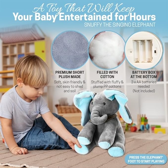 Limited Offer Supersoft Cuddly Elephant Plush Toy with Peekaboo Sound 30cm Blue Age- Newborn & Above