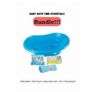 Baby Wash Basin Bath Tub with Support Area + Towel, 8pcs Bath Cloth & 10-in-1 Grooming Kit Combo