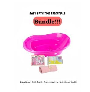 Baby Wash Basin Bath Tub with Support Area + Towel, 8pcs Bath Cloth & 10-in-1 Grooming Kit Combo