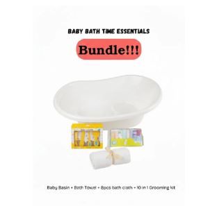 Baby Wash Basin Bath Tub with Support Area + Towel, 8pcs Bath Cloth & 10-in-1 Grooming Kit Combo