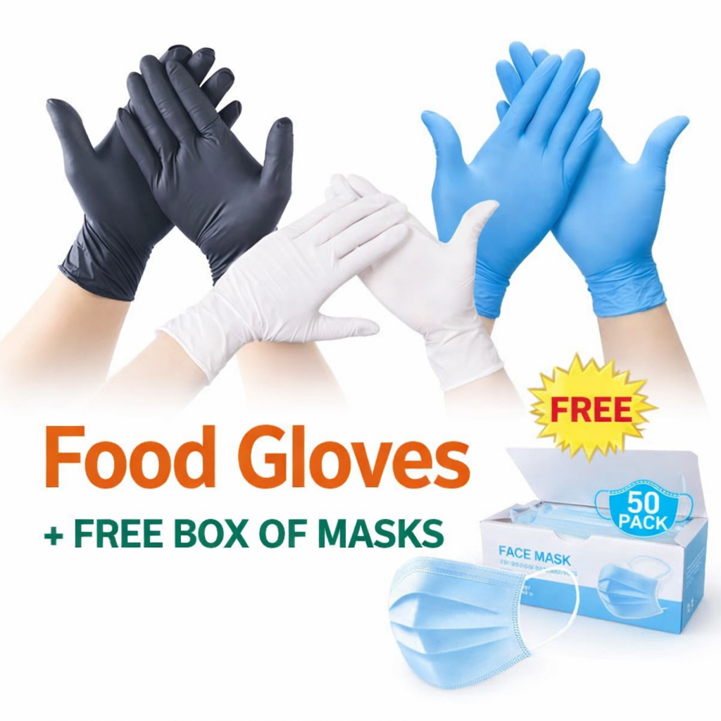 100pcs Disposable Kitchen Gloves Food  Gloves for Cooking Cleaning Food Handling Home Restaurant Use.latex free+free box of masks