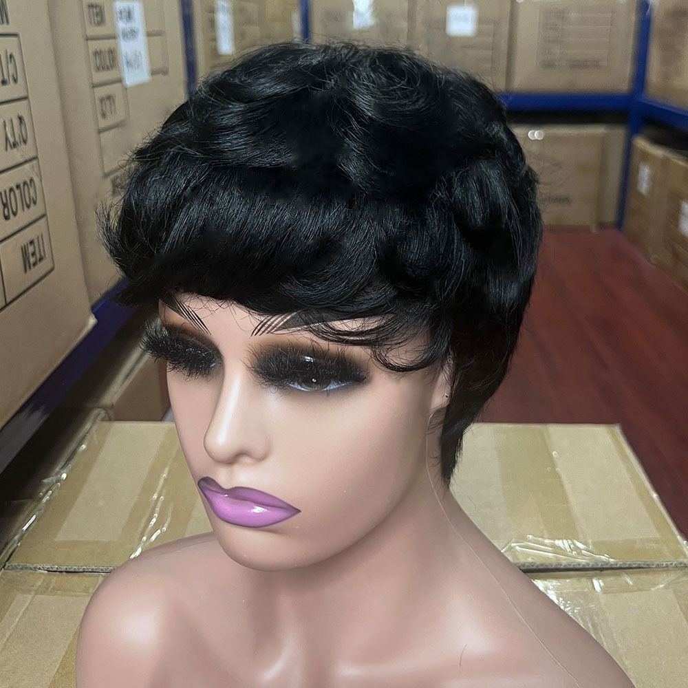 Human Hair Short Pixie Cut wigs  Human Hair Wig none lace Wig Layered with Bangs Natural Straight Full Machine Made Wig
