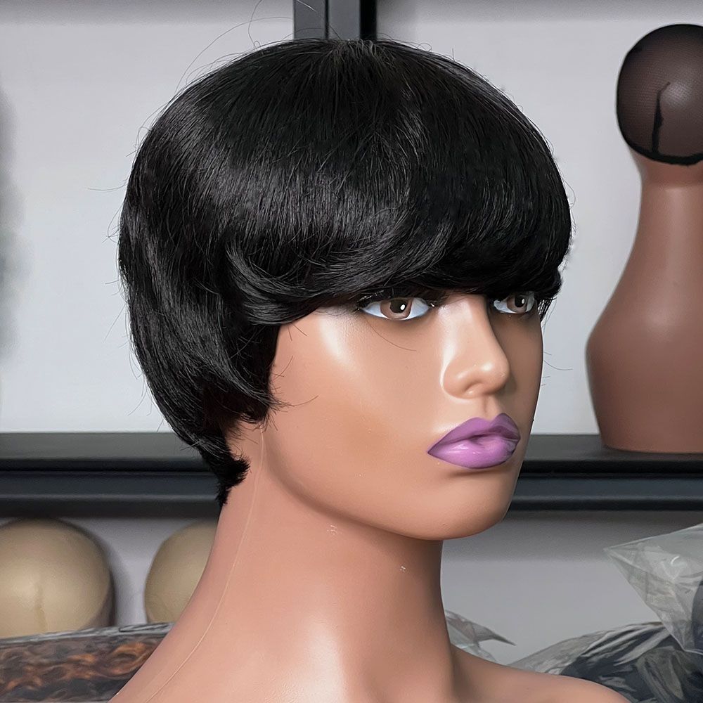 Human Hair Short Pixie Cut wigs  Human Hair Wig none lace Wig Layered with Bangs Natural Straight Full Machine Made Wig