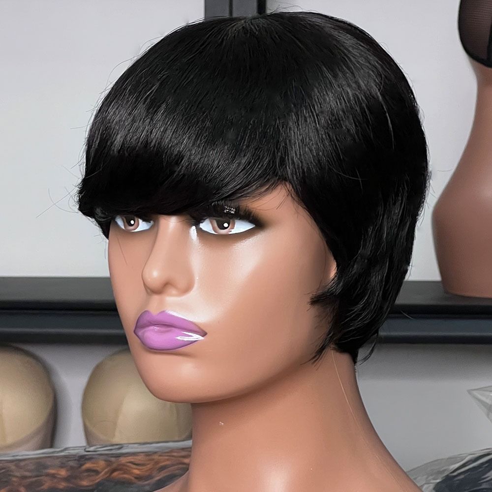 Human Hair Short Pixie Cut wigs  Human Hair Wig none lace Wig Layered with Bangs Natural Straight Full Machine Made Wig
