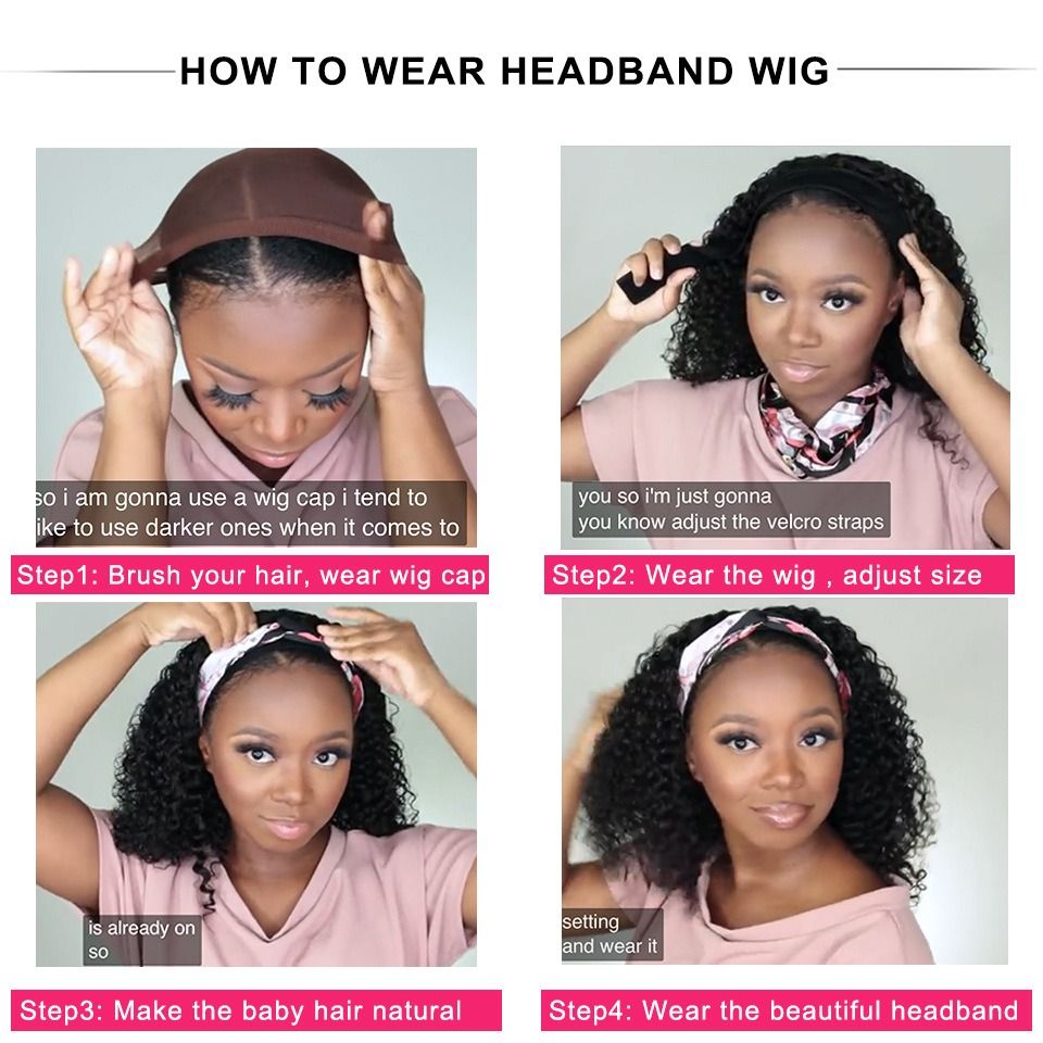 Human Hair Deep Wave Headband Wig (+1 heandband for free)  14-22 inch None Lace Front Wig Human Hair Machine Made Wigs Glueless Curly Hair Headband Half Wigs Natural Color