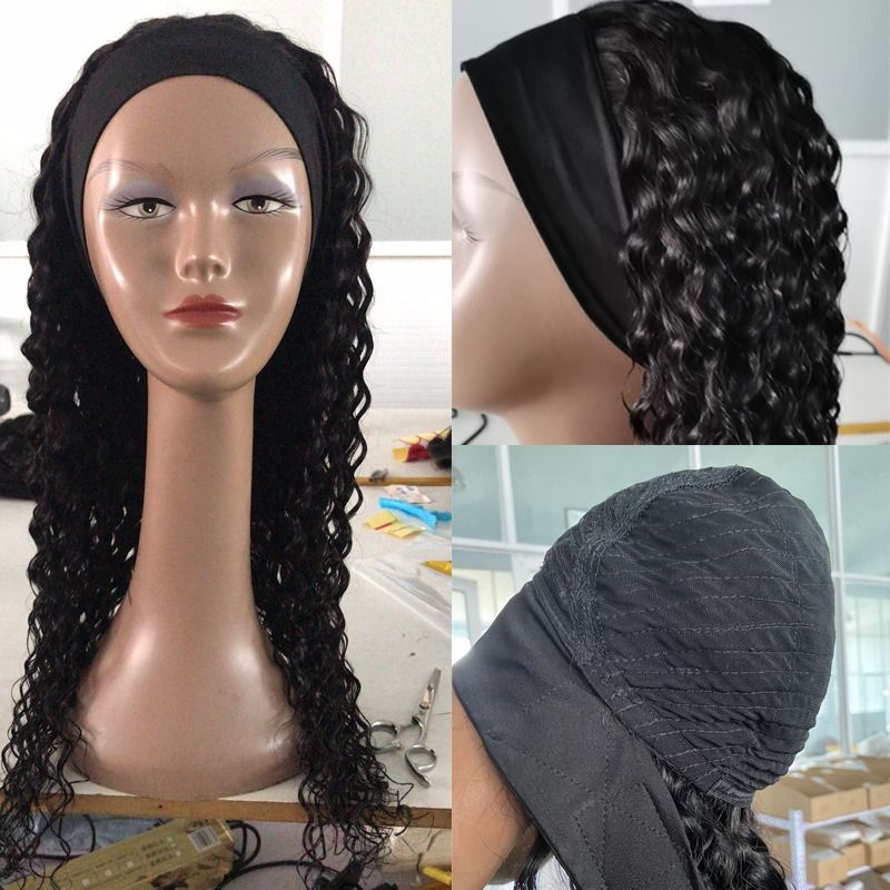 Wavy Headband Wigs (+ 1 headband free gift) Human Hair Brazilian Virgin Hair Water Wave Headband Wigs for Black Women 150% Density Glueless Non Lace Front Wigs Half Wig with Headband Curly Hair band