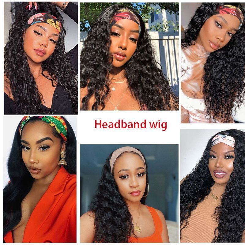 Wavy Headband Wigs (+ 1 headband free gift) Human Hair Brazilian Virgin Hair Water Wave Headband Wigs for Black Women 150% Density Glueless Non Lace Front Wigs Half Wig with Headband Curly Hair band