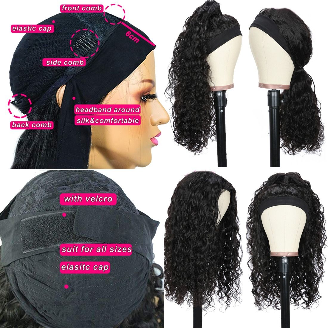 Wavy Headband Wigs (+ 1 headband free gift) Human Hair Brazilian Virgin Hair Water Wave Headband Wigs for Black Women 150% Density Glueless Non Lace Front Wigs Half Wig with Headband Curly Hair band