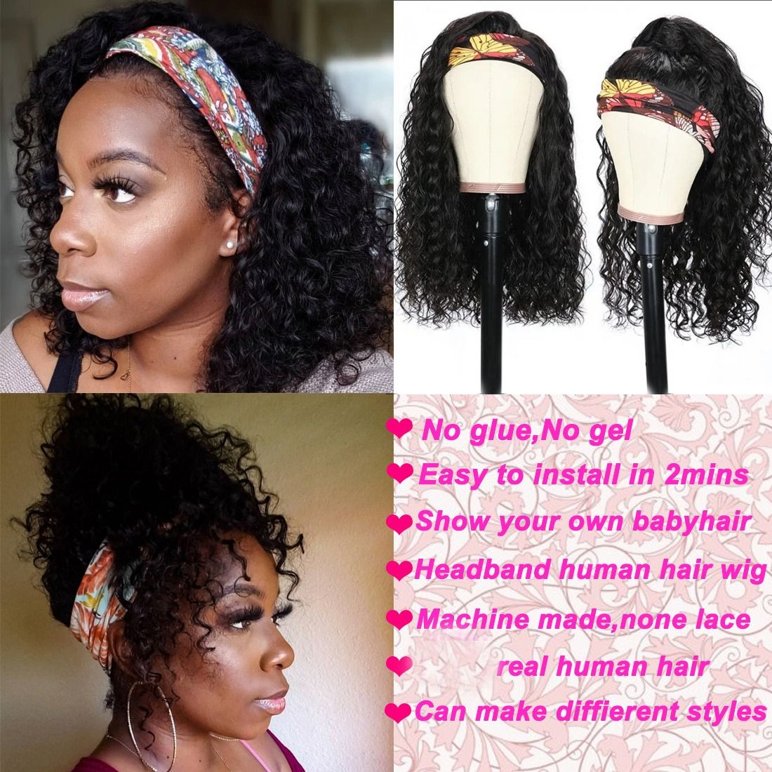 Wavy Headband Wigs (+ 1 headband free gift) Human Hair Brazilian Virgin Hair Water Wave Headband Wigs for Black Women 150% Density Glueless Non Lace Front Wigs Half Wig with Headband Curly Hair band