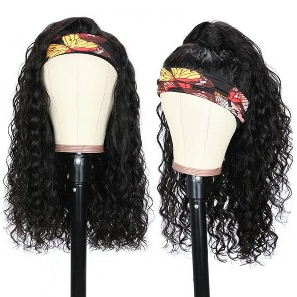 Wavy Headband Wigs (+ 1 headband free gift) Human Hair Brazilian Virgin Hair Water Wave Headband Wigs for Black Women 150% Density Glueless Non Lace Front Wigs Half Wig with Headband Curly Hair band