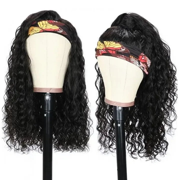 Wavy Headband Wigs (+ 1 headband free gift) Human Hair Brazilian Virgin Hair Water Wave Headband Wigs for Black Women 150% Density Glueless Non Lace Front Wigs Half Wig with Headband Curly Hair band