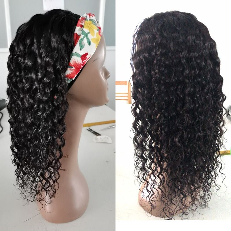 Wavy Headband Wigs (+ 1 headband free gift) Human Hair Brazilian Virgin Hair Water Wave Headband Wigs for Black Women 150% Density Glueless Non Lace Front Wigs Half Wig with Headband Curly Hair band