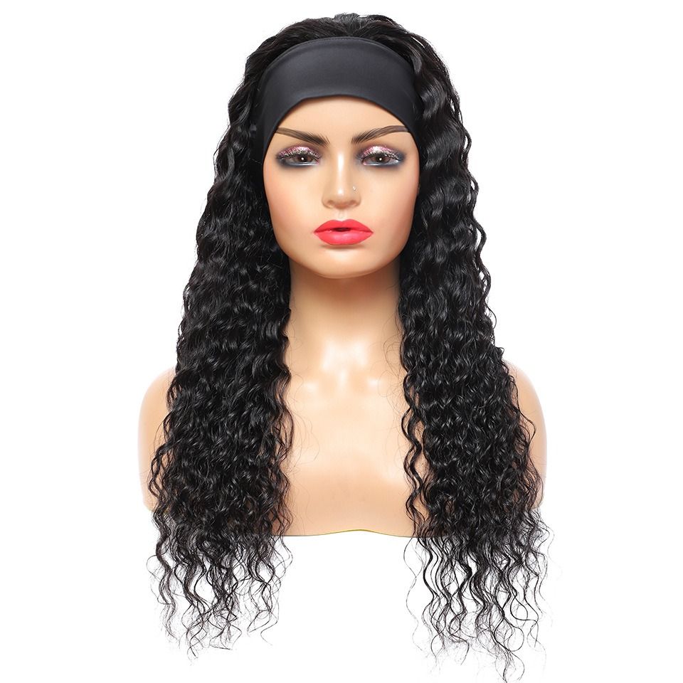 Human Hair Deep Wave Headband Wig (+1 heandband for free)  14-22 inch None Lace Front Wig Human Hair Machine Made Wigs Glueless Curly Hair Headband Half Wigs Natural Color