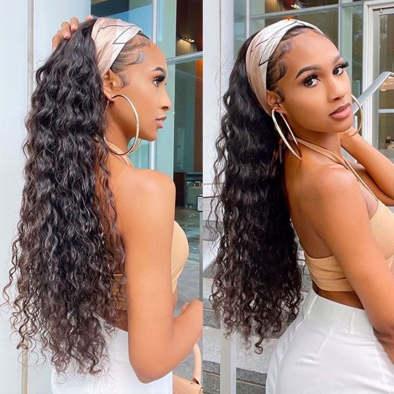 Human Hair Deep Wave Headband Wig (+1 heandband for free)  14-22 inch None Lace Front Wig Human Hair Machine Made Wigs Glueless Curly Hair Headband Half Wigs Natural Color