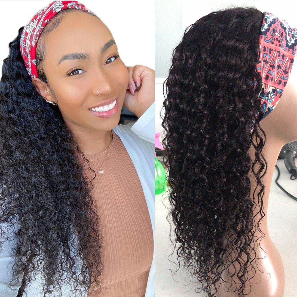 Human Hair Deep Wave Headband Wig (+1 heandband for free)  14-22 inch None Lace Front Wig Human Hair Machine Made Wigs Glueless Curly Hair Headband Half Wigs Natural Color