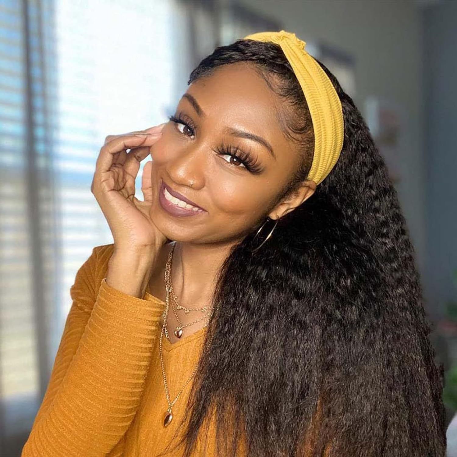 Synthetic wig Kinky Straight Headband Wig for Women Yaki Straight Wigs with Black Headband Kinky Afro Wigs For Black Women
