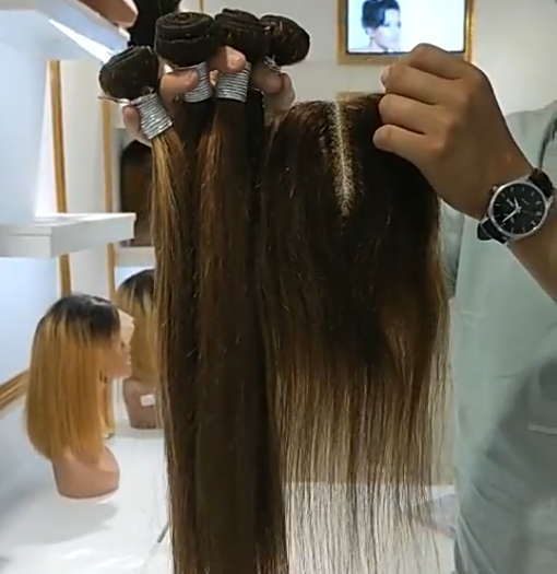 4pc bundles+ 4x4T part closure straight hair human hair Packet bundle p4/27 Piano color set human hair extension
