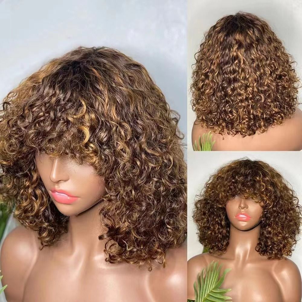 12A Brazilian Piano 4/27 Color Curly Bob Fringe Bangs Wig