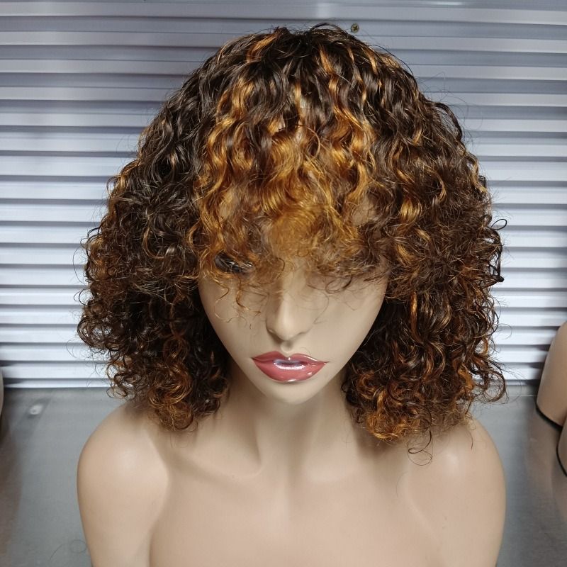12A Brazilian Piano 4/27 Color Curly Bob Fringe Bangs Wig
