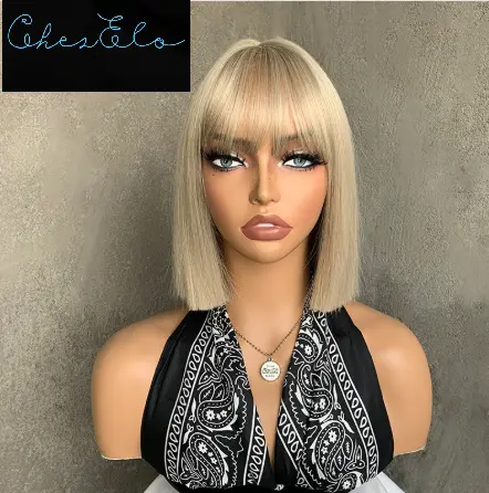 European and American fashion women's short straight bob with bangs synthetic natural simulation wig 5 stylish white colors available