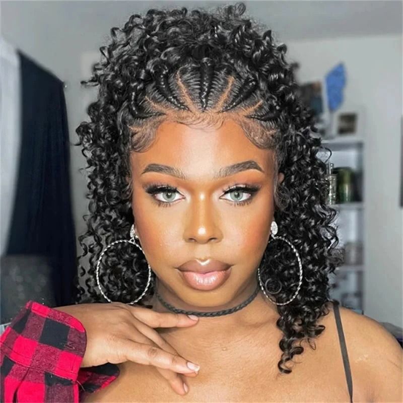 Braided Human Hair Wig 13x4 Lace Front Wigs Curly BOB